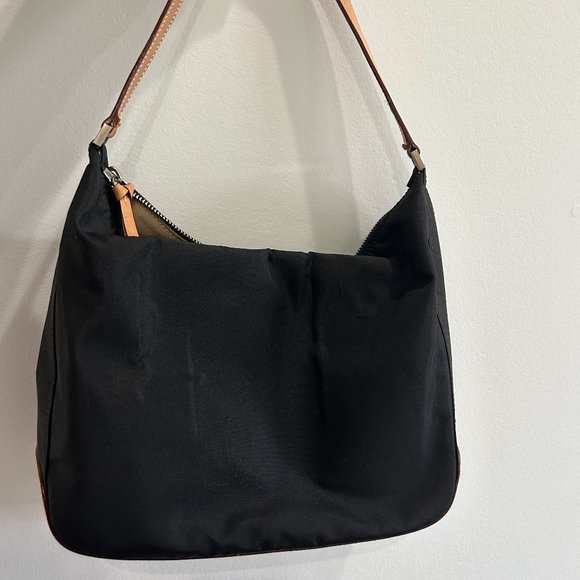 Kate Spade Purse, Black Nylon with Camel Leather Trim, Shoulder Strap Zipper Top - Picture 3 of 9